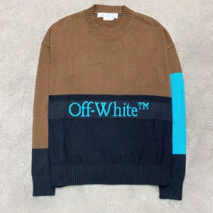 OFF WHITE colorblock knitted jacquard oversized off-shoulder sweater