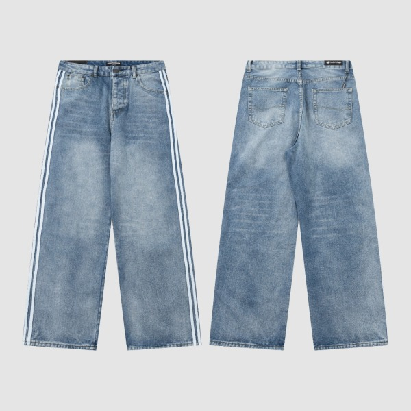 Balenciaga X Adidas Wide-Leg Jeans With Three Stripes On The Side Webbing Blue - Image 4