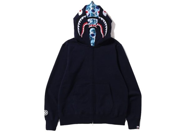 BAPE ABC Camo Shark Wide Fit Full Zip Double Hoodie Navy - Image 4